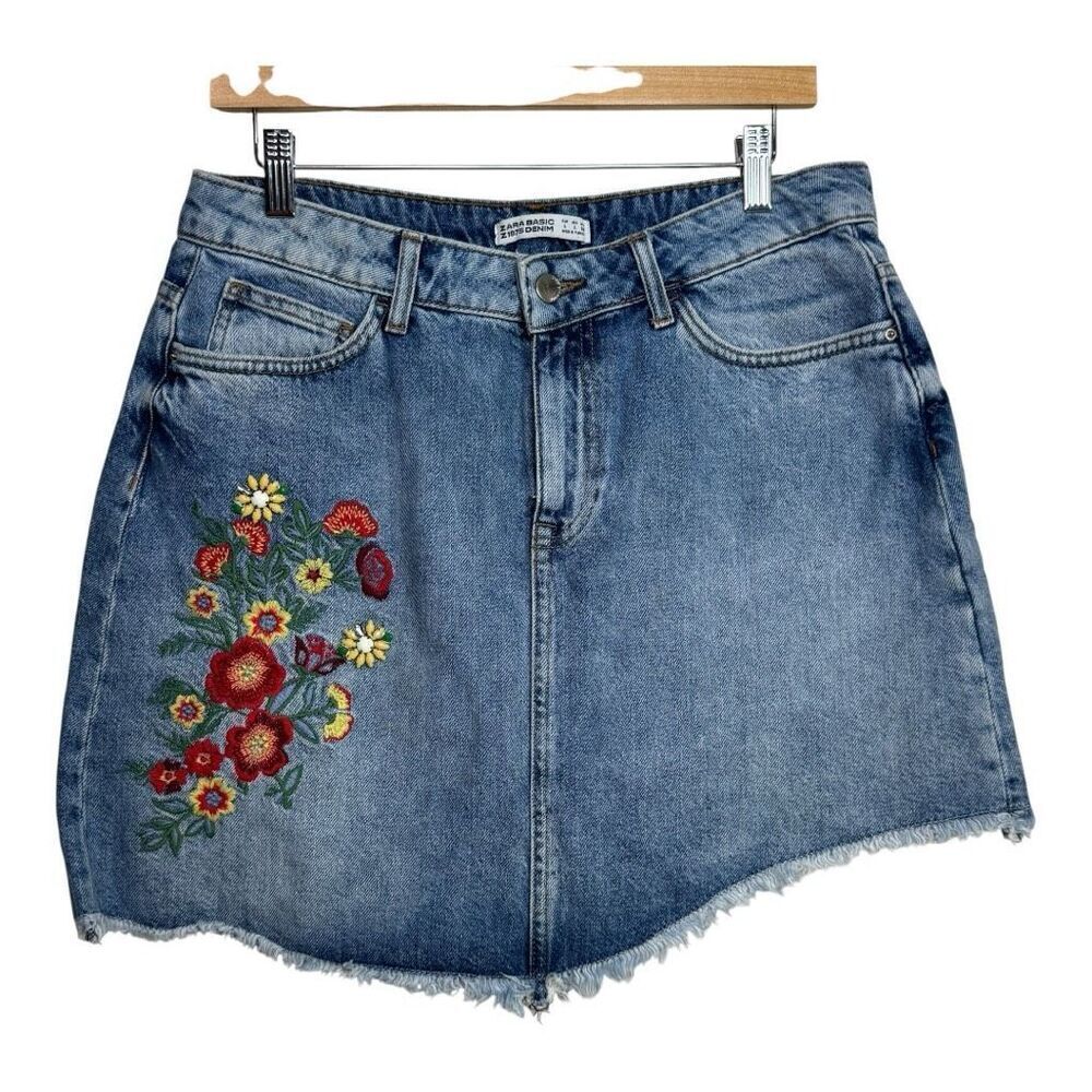 Zara Blue denim mini skirt with embroidered floral details #festivalvibes large